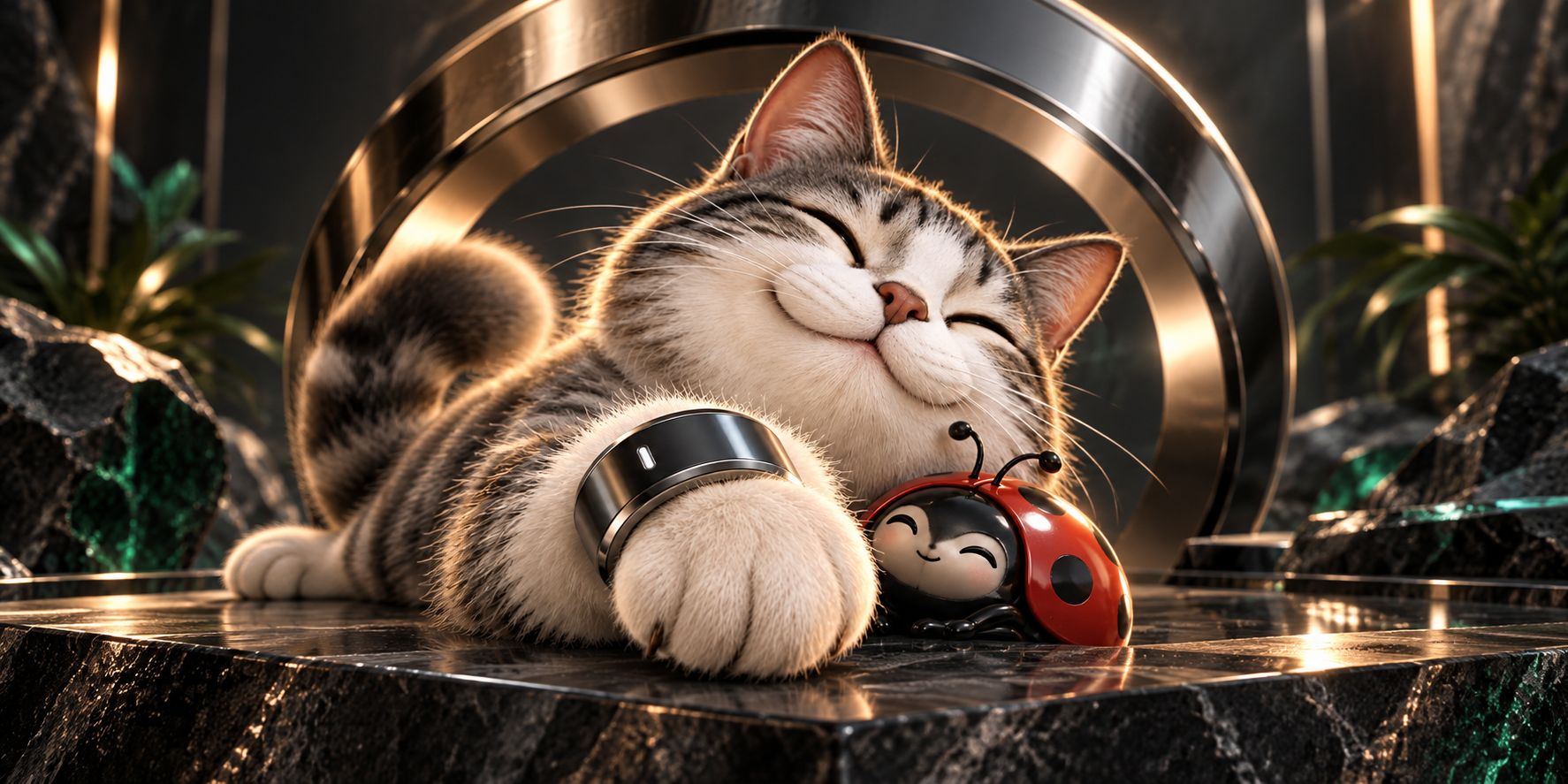 OURACAT reclining with its titanium ring and ladybug companion