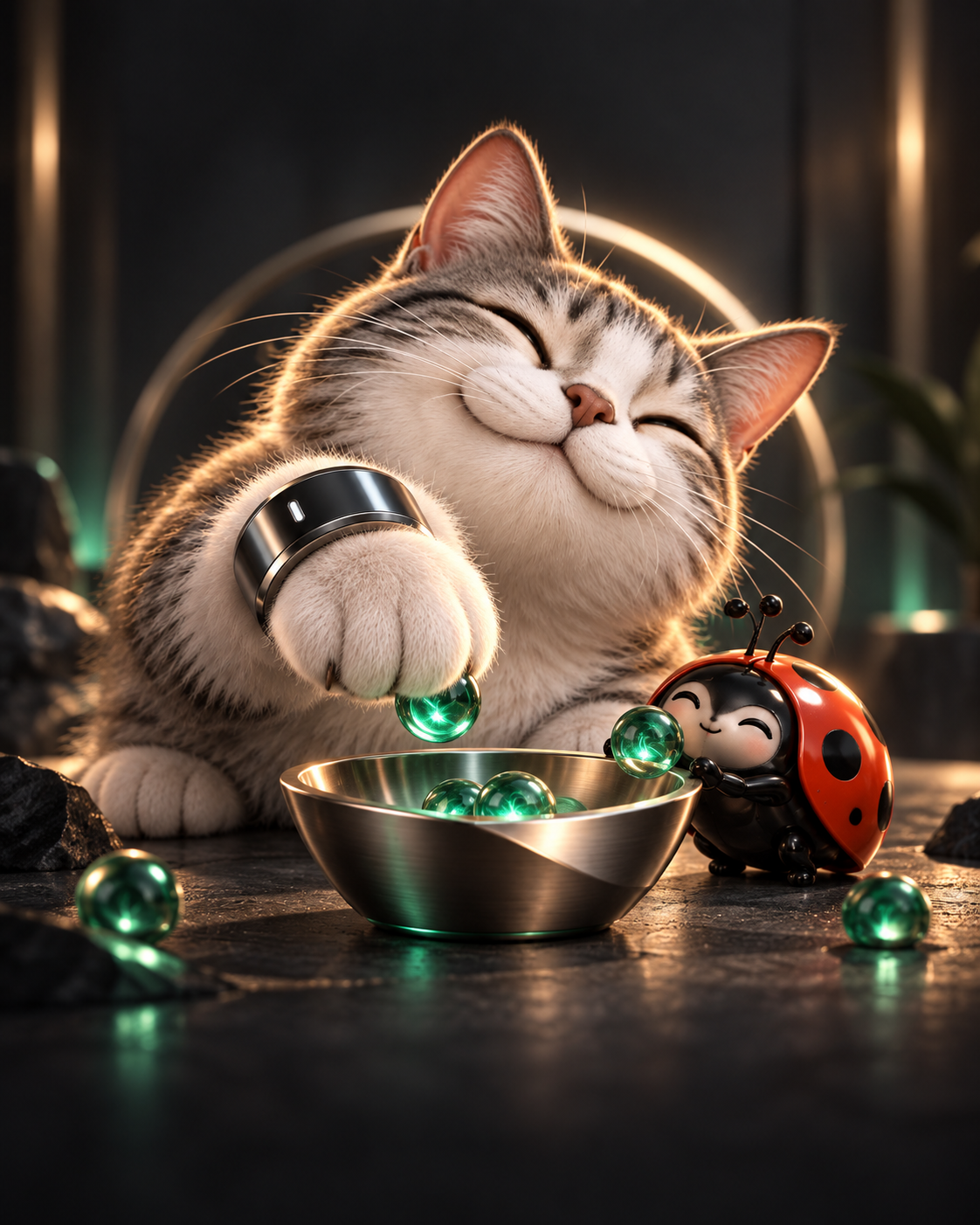 OURACAT collecting emerald tokens in a titanium bowl