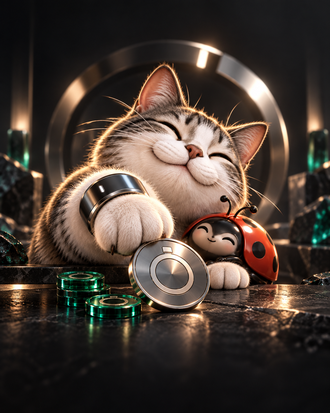 OURACAT presenting a silver stock token beside emerald tokens